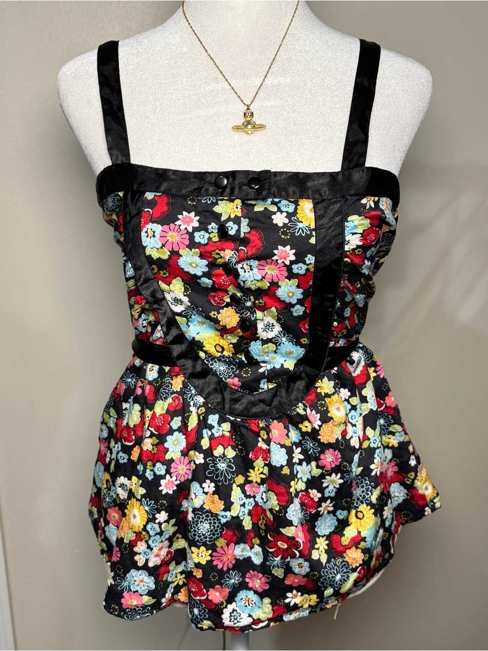 Forever 21 Vintage Black Floral Satin Peplum Summer Small Y2K 2000s Tank Top